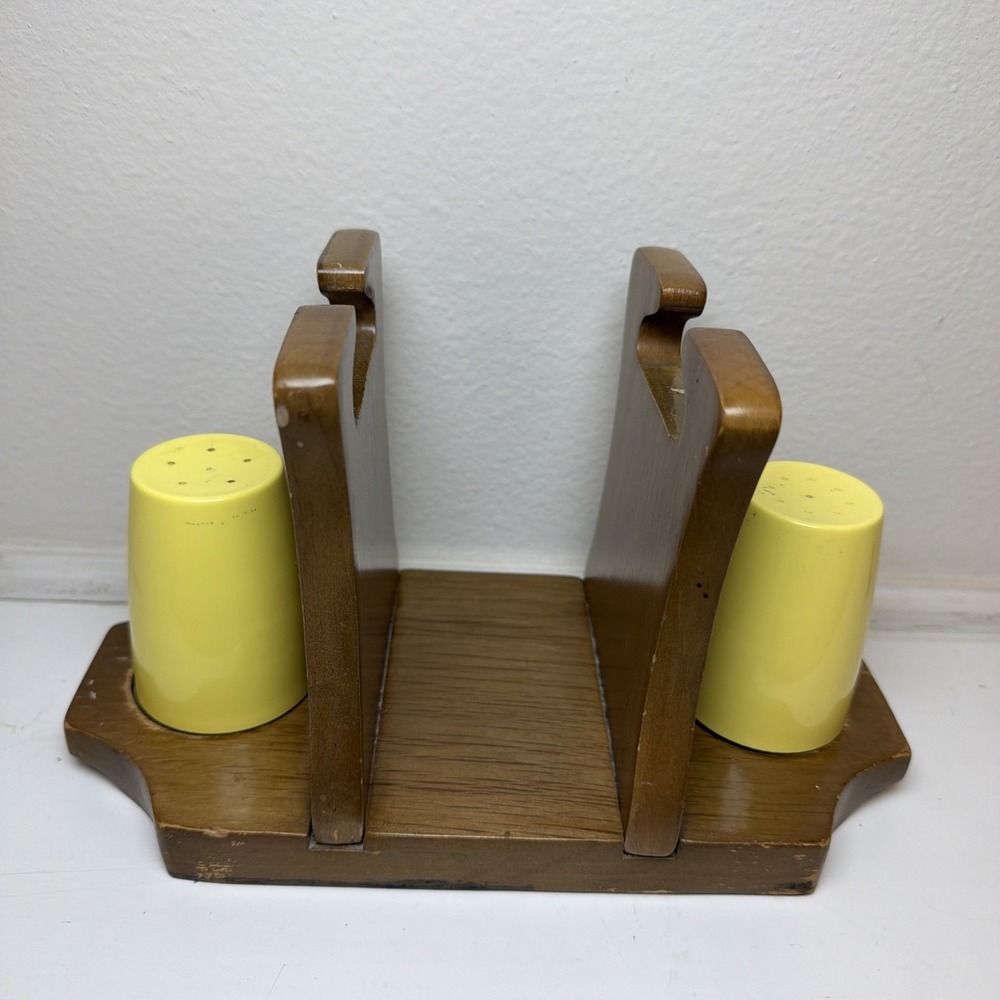 GrandmaCore Wood Salt and Pepper Shaker And Napkin Holder Set Milbern MCM Yellow